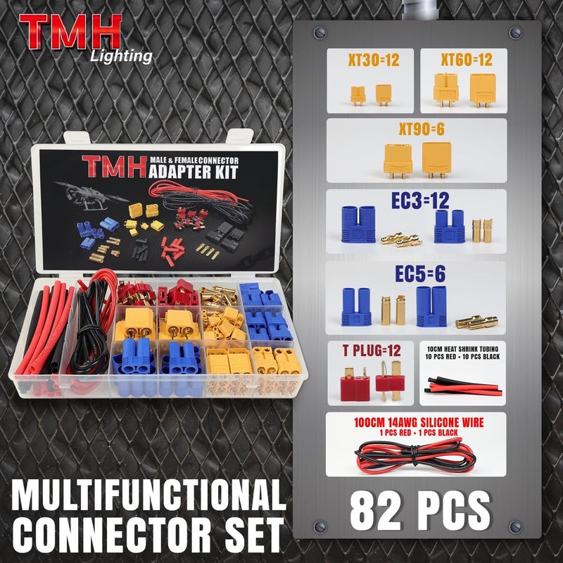 TMH 82 Pcs T-Plug EC3 EC5 XT30 XT60 XT90 Male & Female Plug Adapter Connector with Silicone Wire + Heat Shrink Tube for RC ESC Lipo Battery Motor Accessories (82 PCS) - Image 3